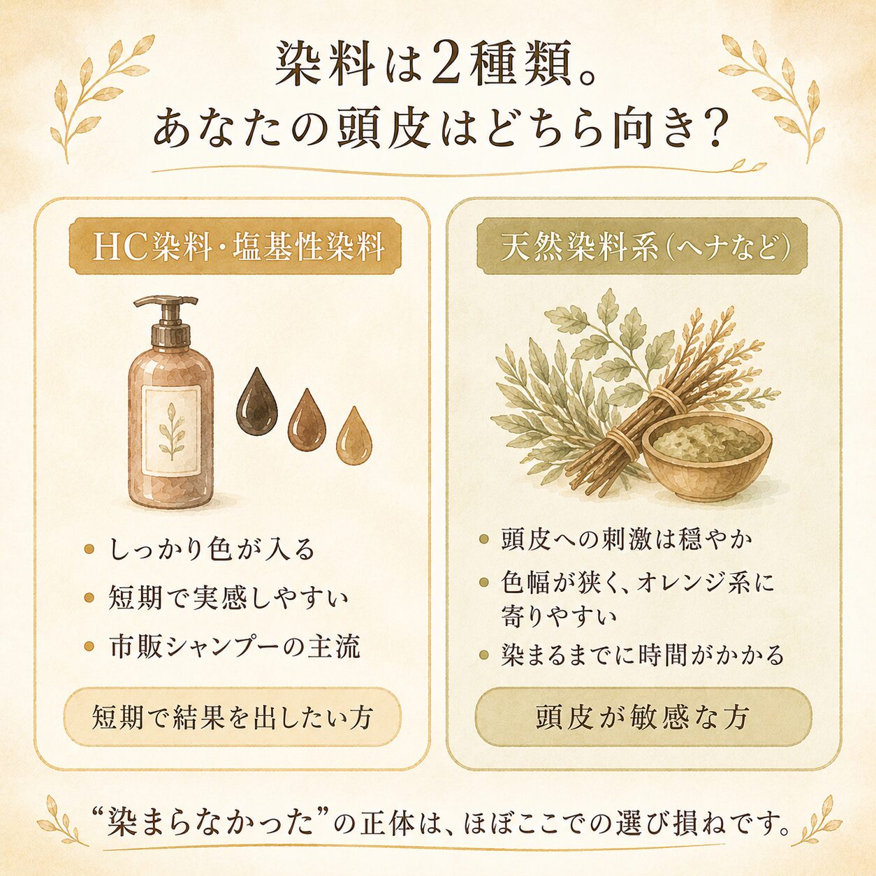 白髪染めシャンプーの染料2種類｜HC染料・塩基性染料 vs 天然染料系の比較