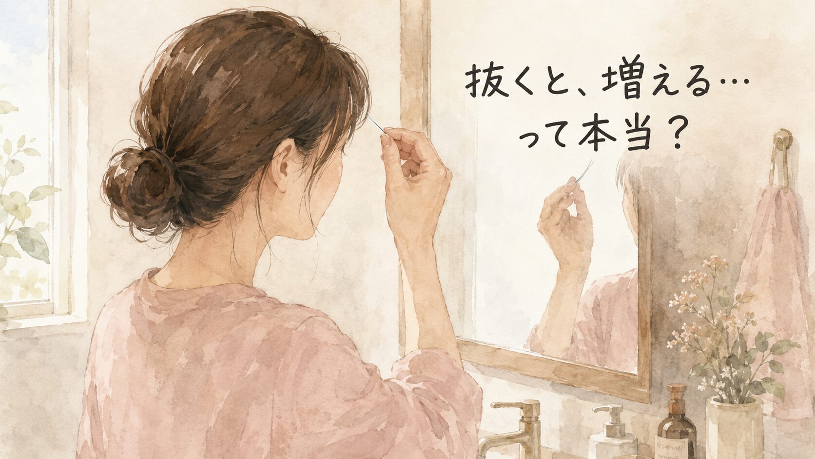 鏡の前で白髪を一本つまむ40代女性