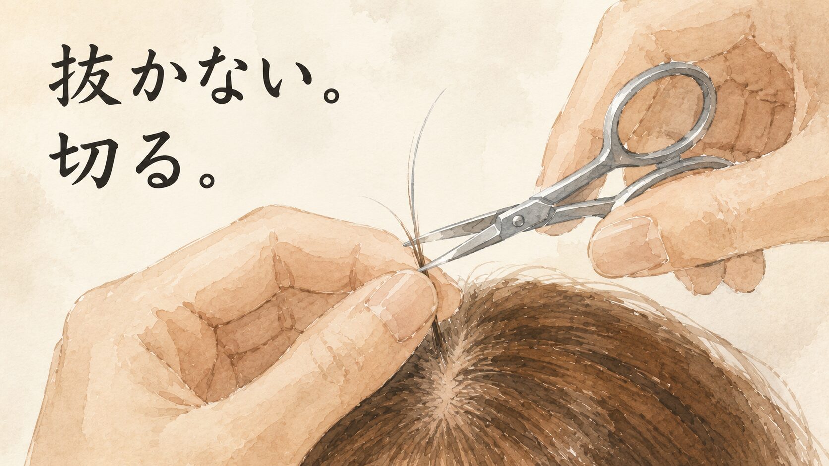 眉毛用ハサミで白髪を根元からカットする手元