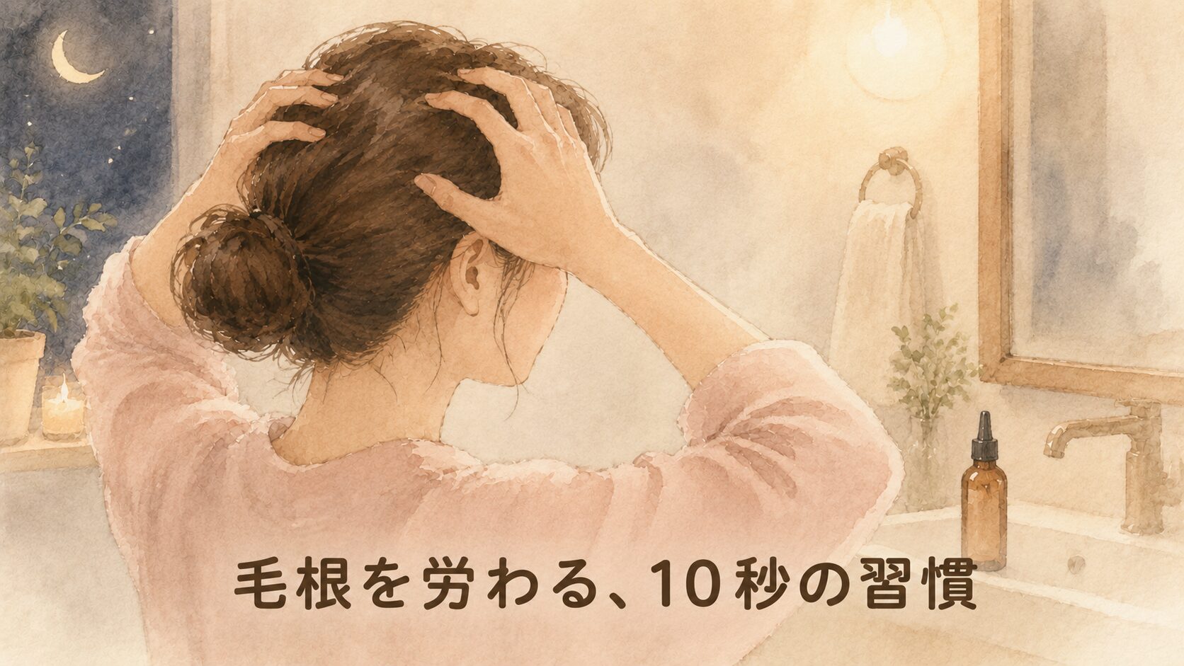 夜の洗面所で頭皮マッサージをする40代女性