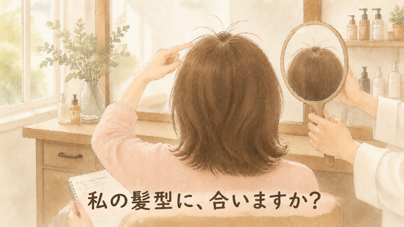美容室で美容師に部分縮毛矯正を相談する40代女性