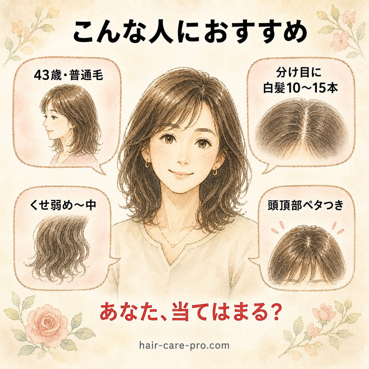 ラサーナ プレミオールが向いている人の特徴 43歳・普通毛・くせ弱め〜中・分け目に白髪・頭頂部ペタつき